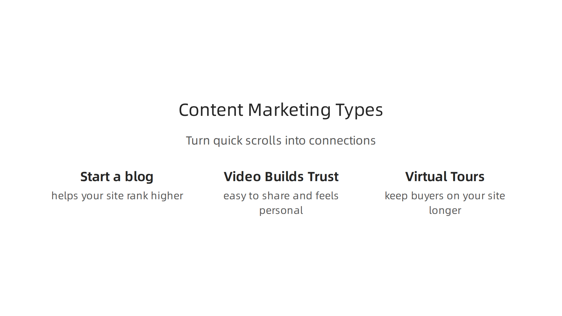 Effective content marketing for real estate agents involves a mix of blogs, videos, and virtual tours.