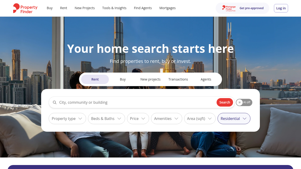 Screenshot of Property Finder, a leading real estate portal in the UAE, showcasing property listings.