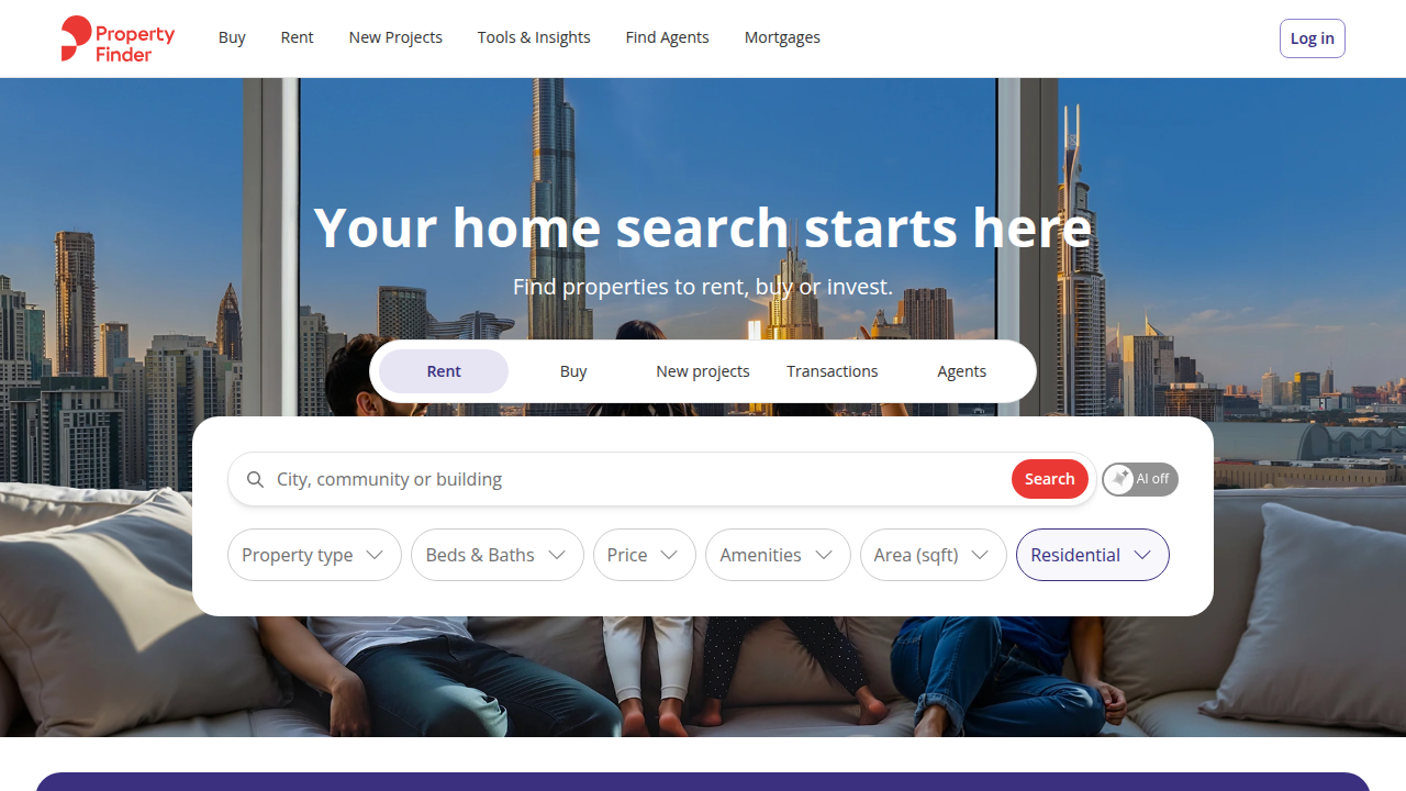 Screenshot of the Property Finder UAE homepage, a leading online real estate portal.