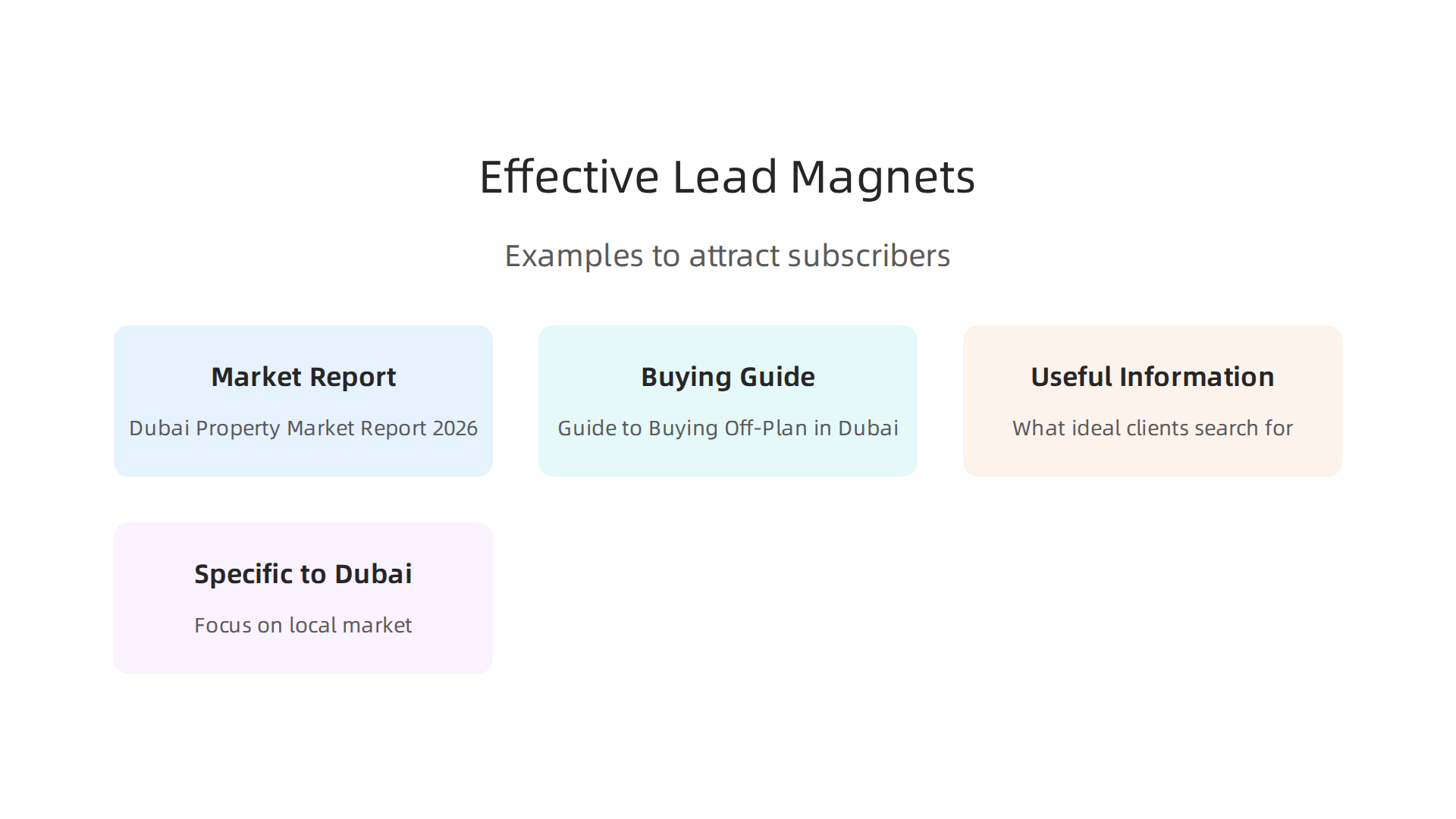 Examples of valuable lead magnets for Dubai real estate agents to attract subscribers.