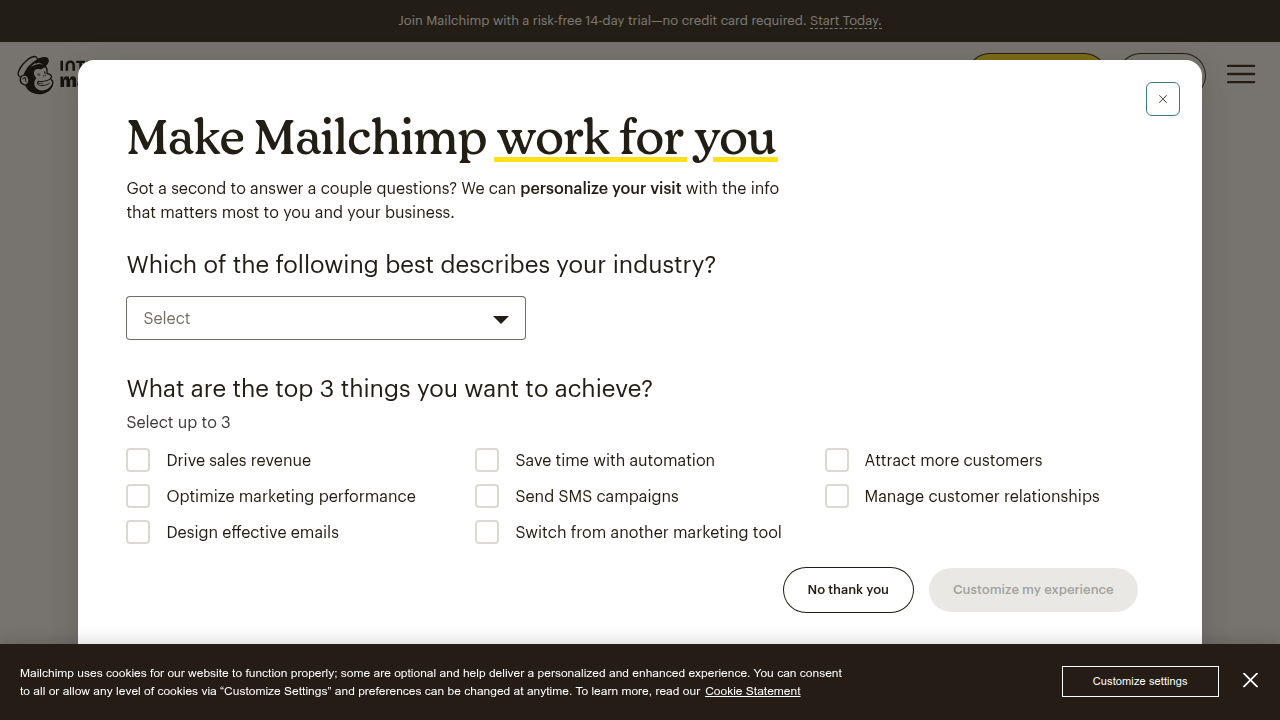 Homepage of Mailchimp, a leading email marketing platform offering automation features.