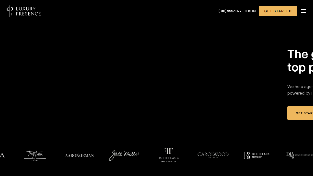 The homepage of Luxury Presence, a leading platform for real estate marketing and websites.