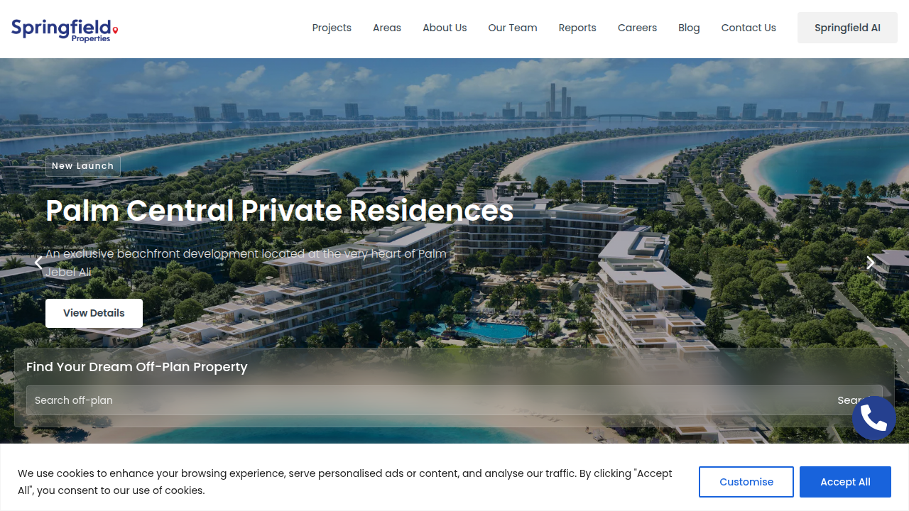 The homepage of Springfield Properties, a real estate agency, serving as a reference for data on Dubai's competitive agent landscape.