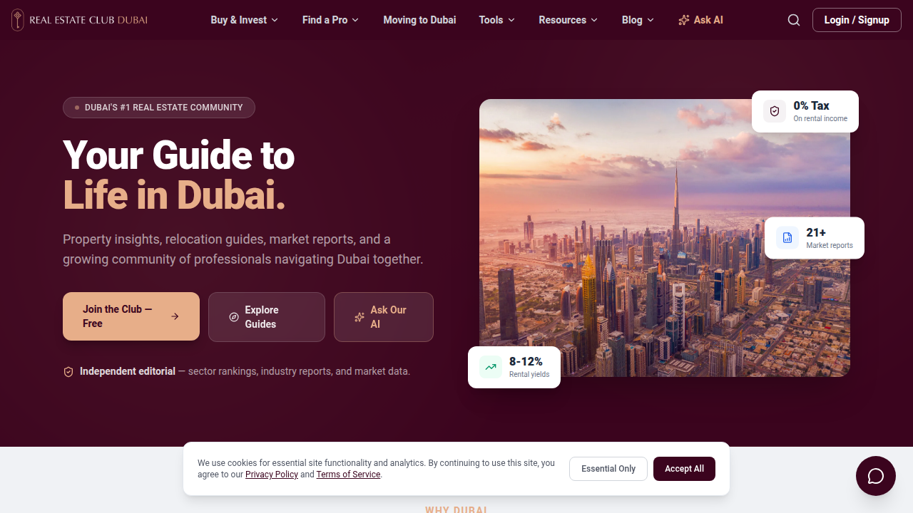 The homepage of Real Estate Club Dubai, a platform for industry reports on Dubai's competitive real estate agency landscape.