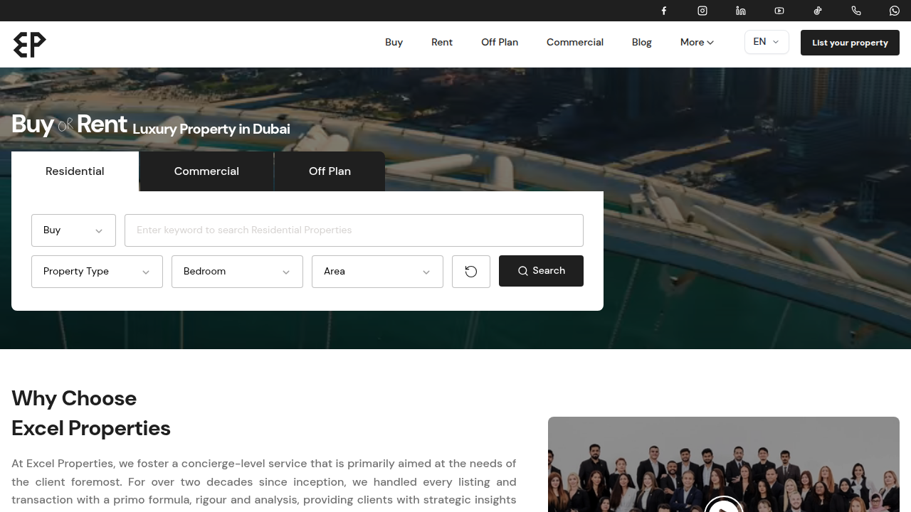 The homepage of Excel Properties, a resource for real estate marketing ideas, including video tours and client testimonials.