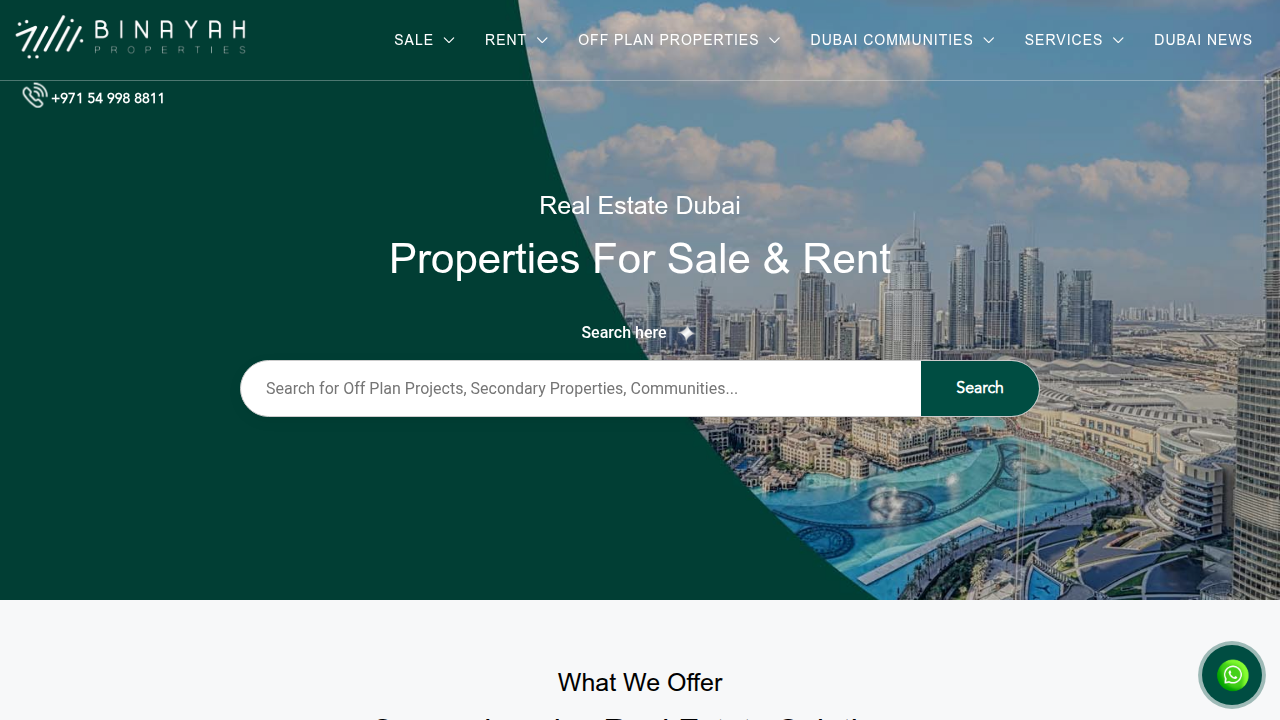 Screenshot of Binayah Real Estate's homepage, a source for Dubai market reports and insights.