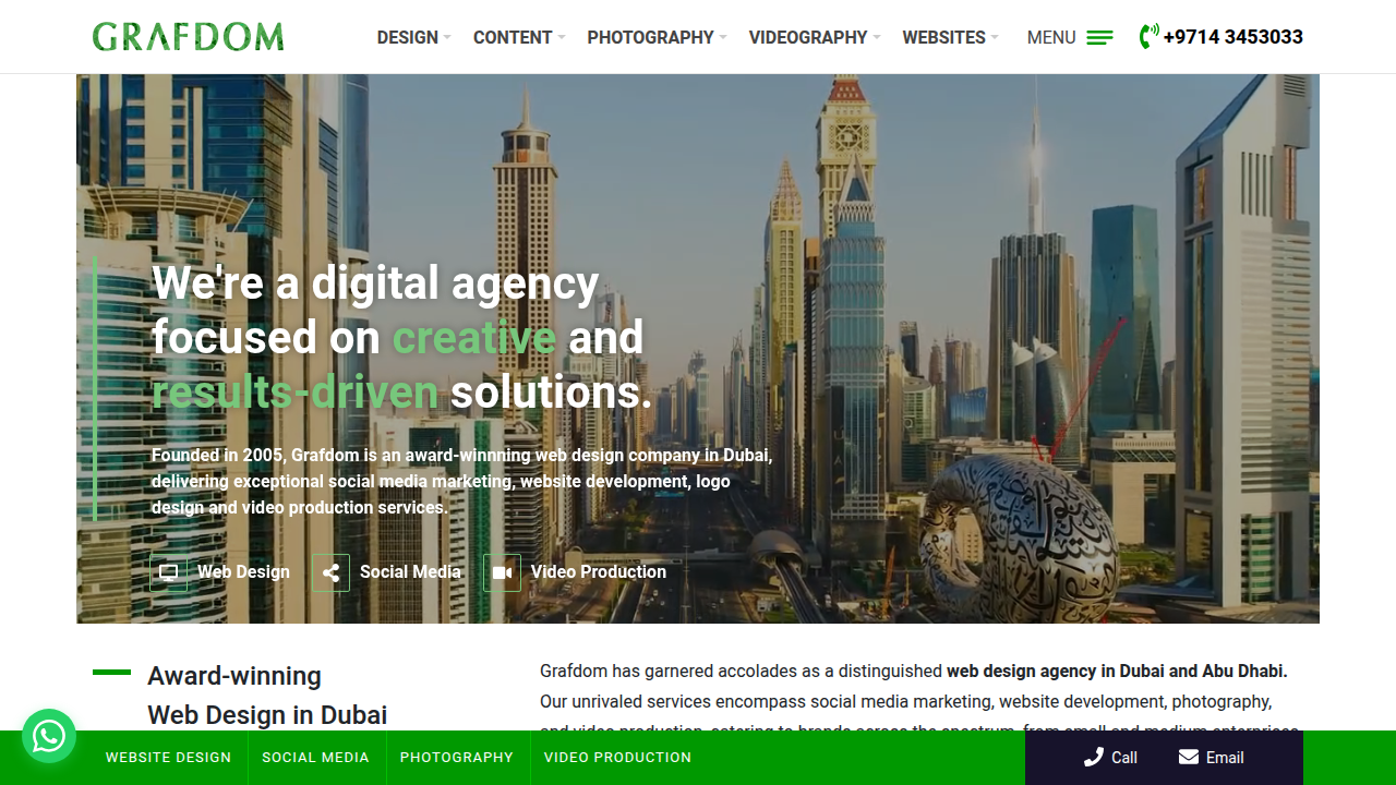 A screenshot of Grafdom, a Dubai-based web design agency, demonstrating their professional web development services.