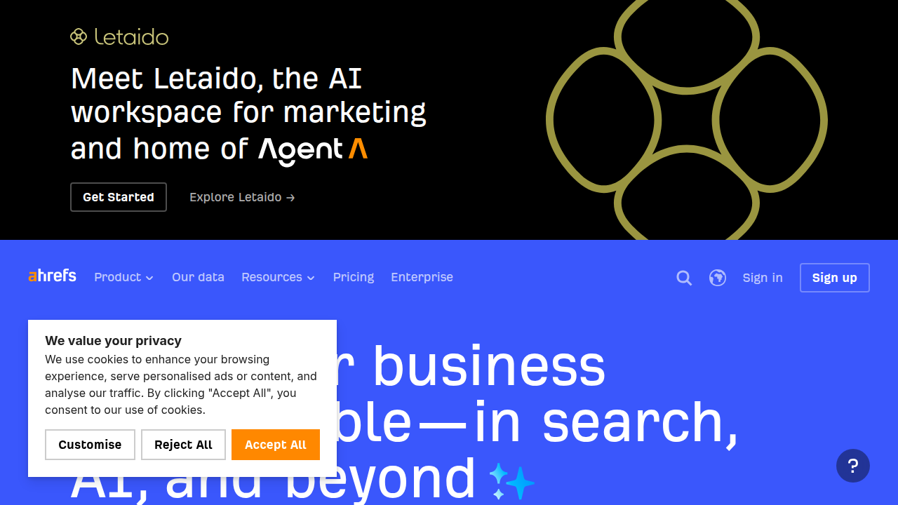 Ahrefs website, showcasing its comprehensive SEO toolkit for site audits and keyword research.