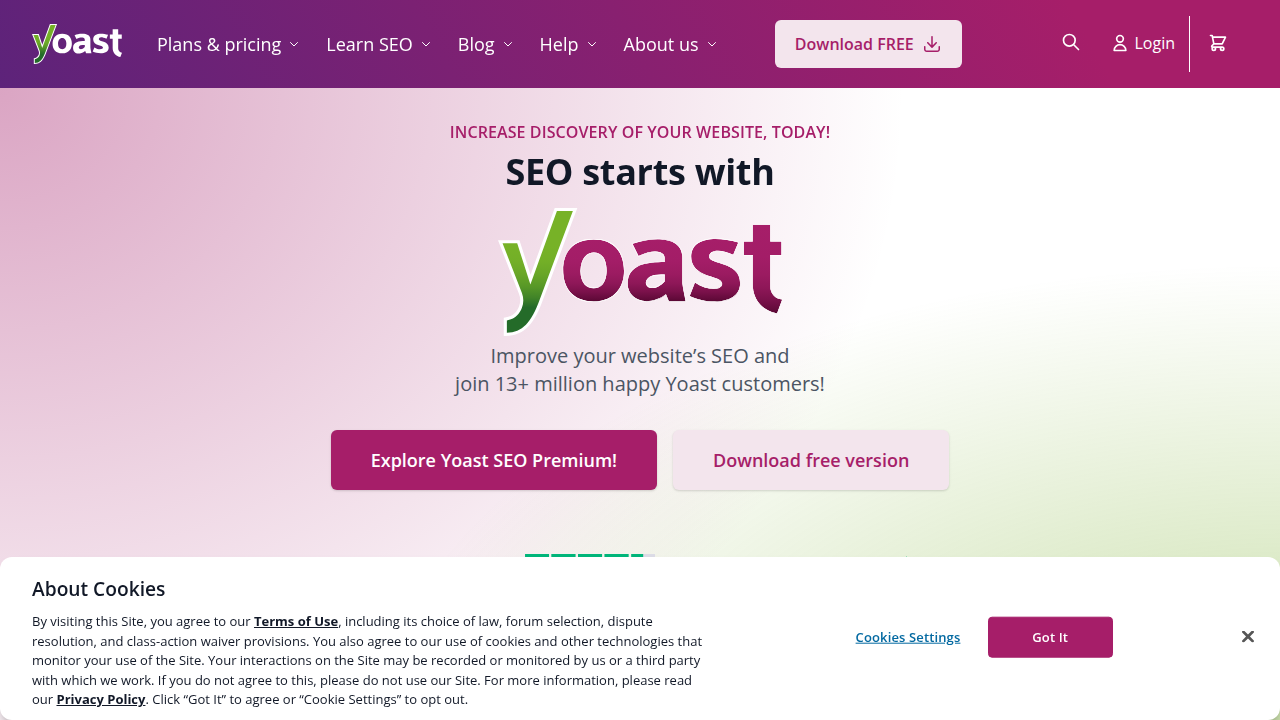 Yoast SEO plugin website, a popular WordPress tool for real-time content optimization and technical SEO.