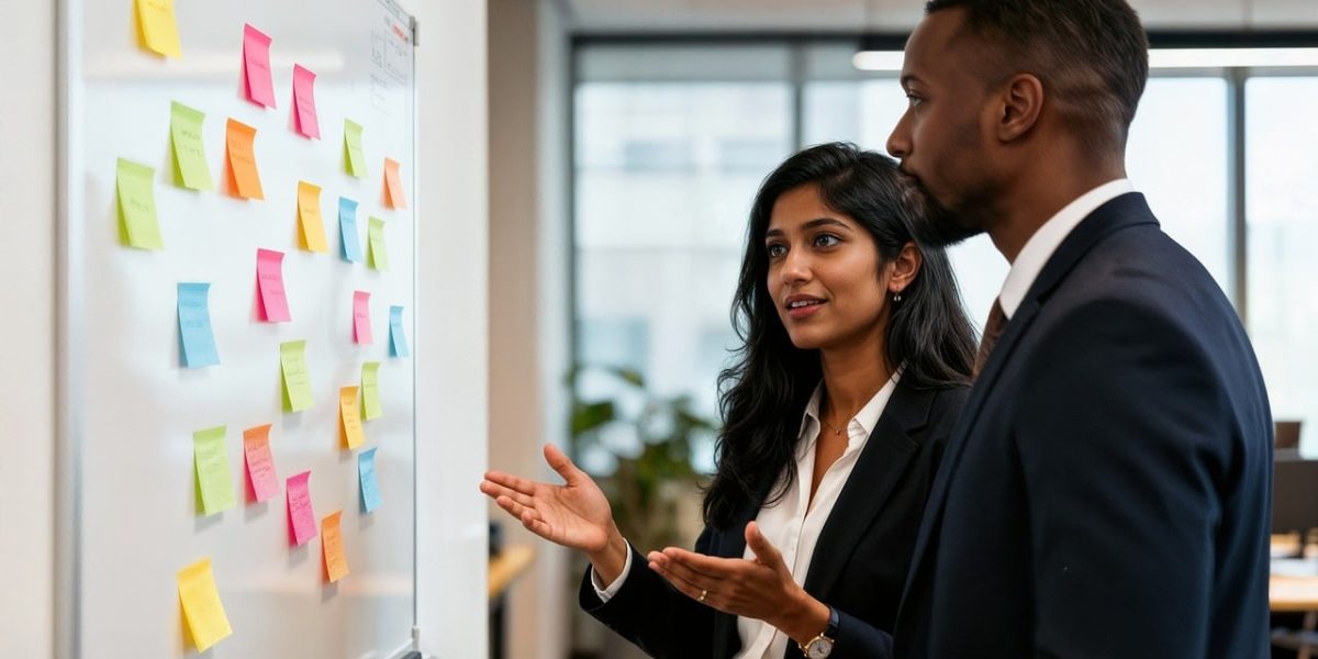 A business team collaborating on a whiteboard, outlining strategies for building a strong digital foundation.