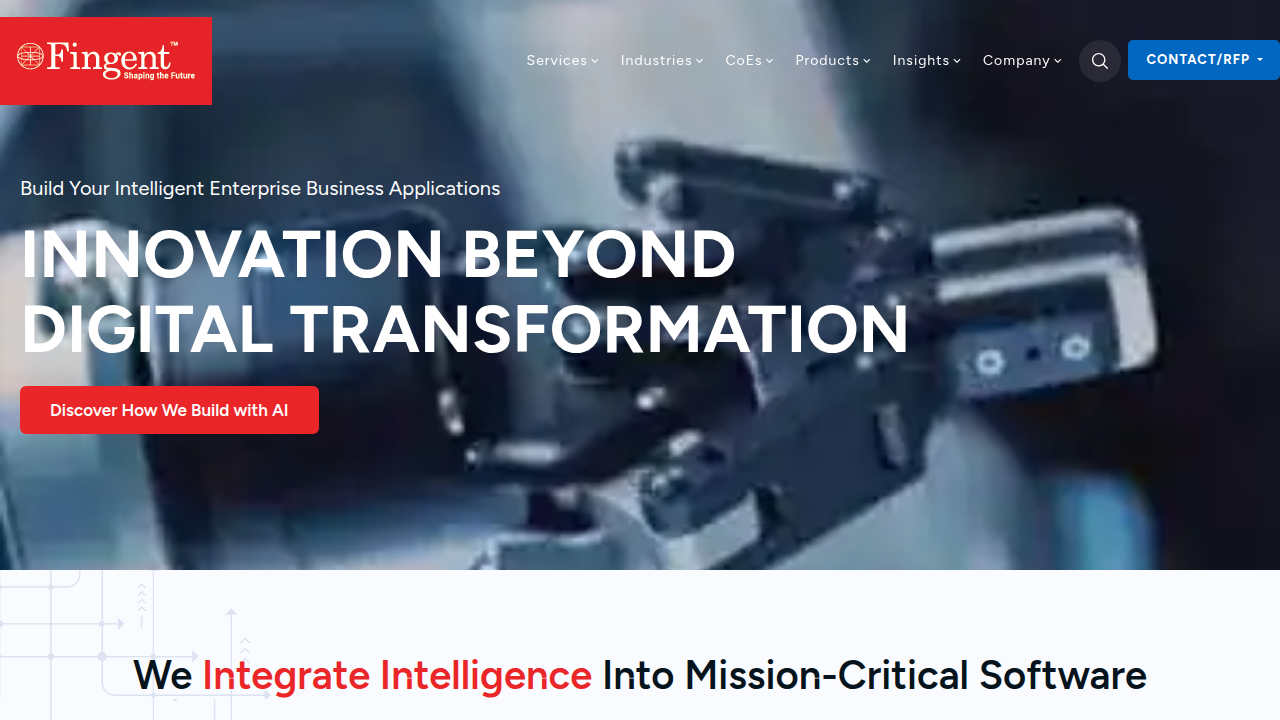 A screenshot of Fingent AE's homepage, a proptech solution provider specializing in IDX integration.
