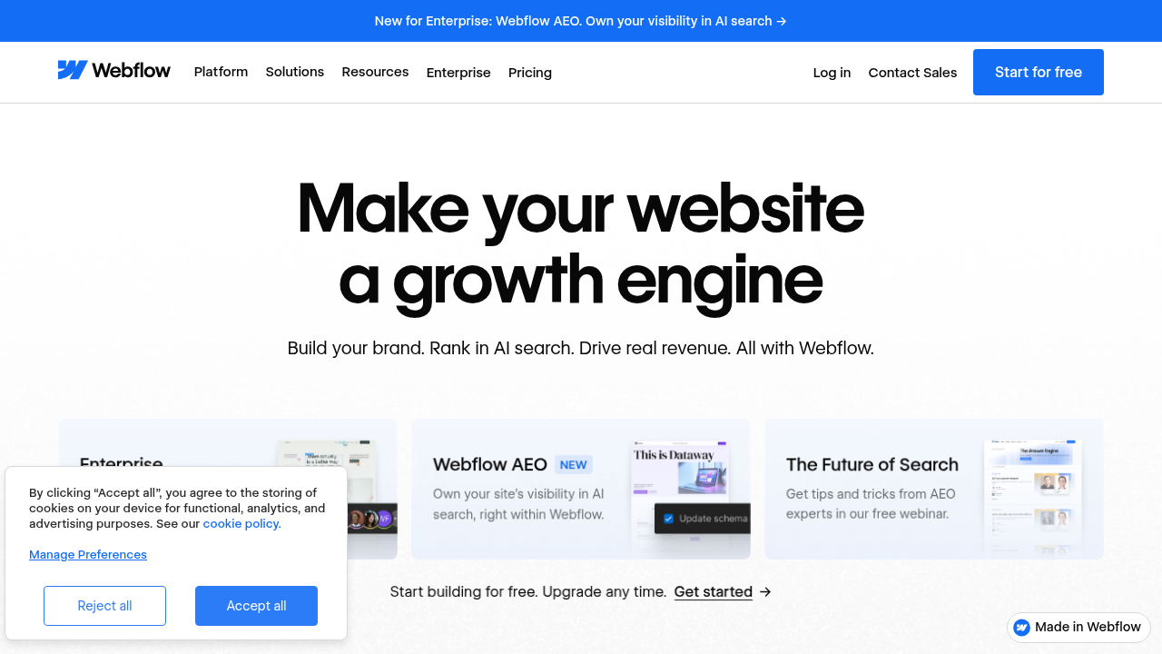A screenshot of the Webflow homepage, a platform known for inspiring web design and development.