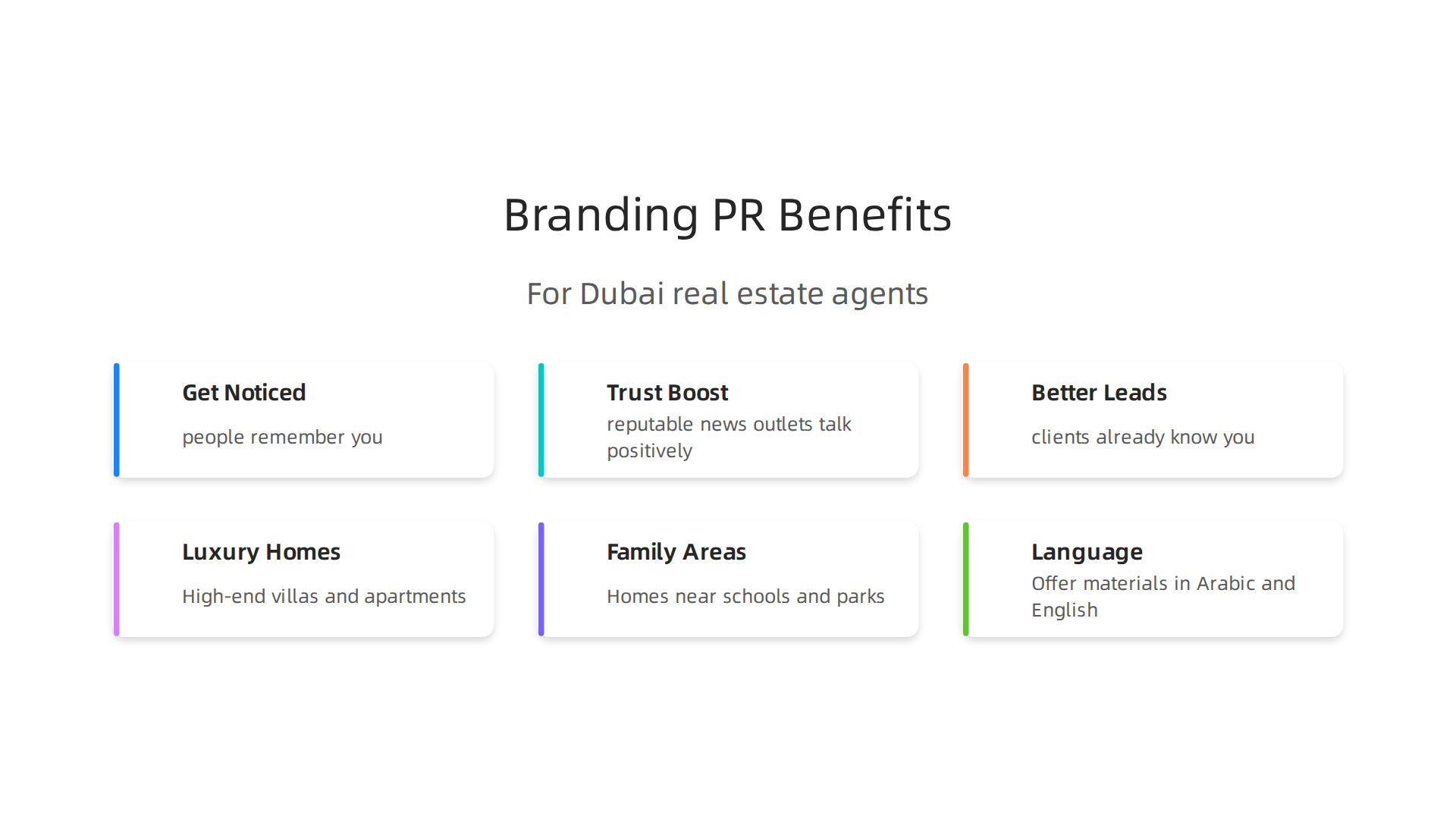 An infographic illustrating three key benefits of strategic branding and PR for real estate agents in Dubai's competitive market.