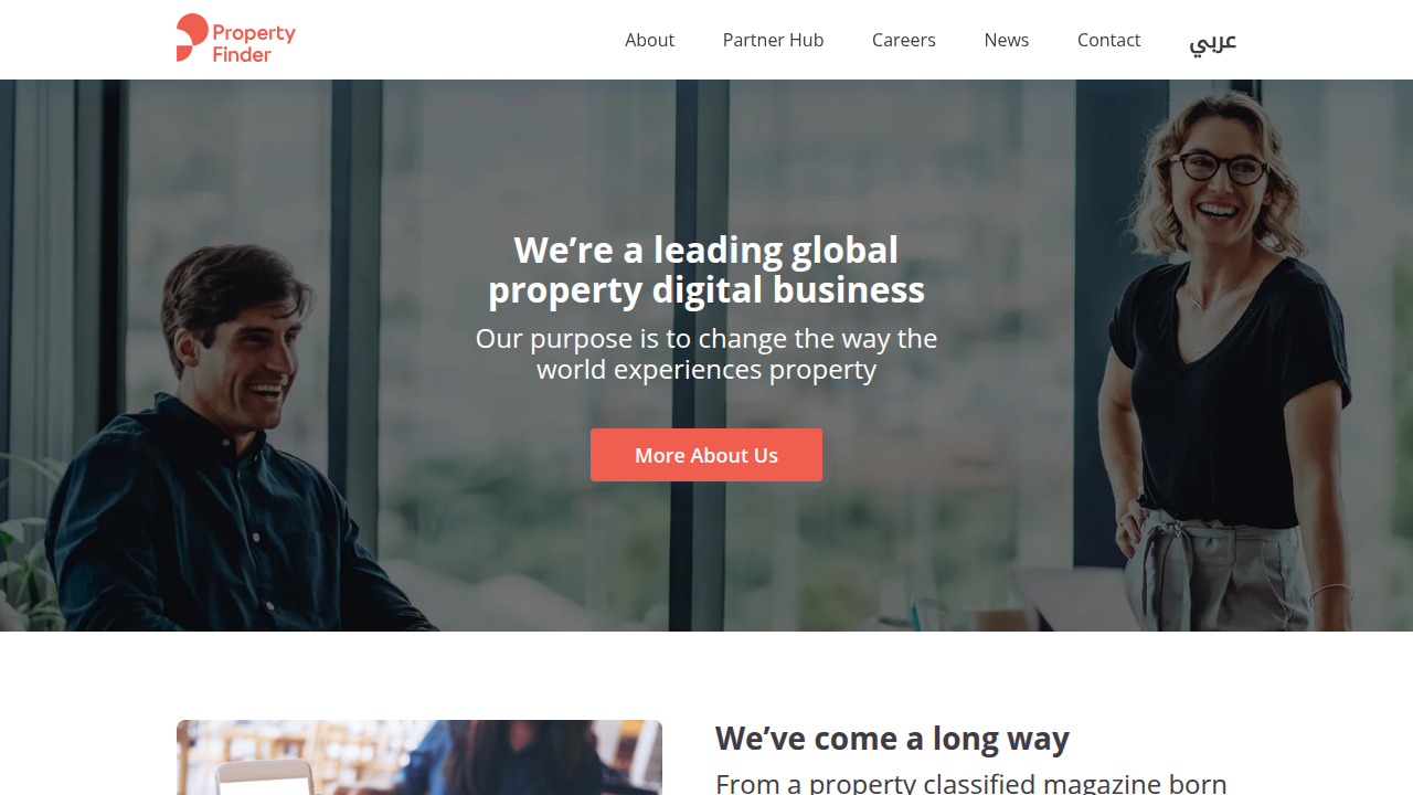 A screenshot of Property Finder's homepage, a leading real estate portal in the UAE, showcasing property listings and market insights.