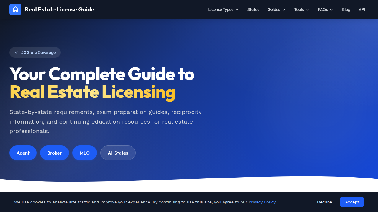 A screenshot of the Real Estate License Guides homepage, offering resources and information for real estate professionals.