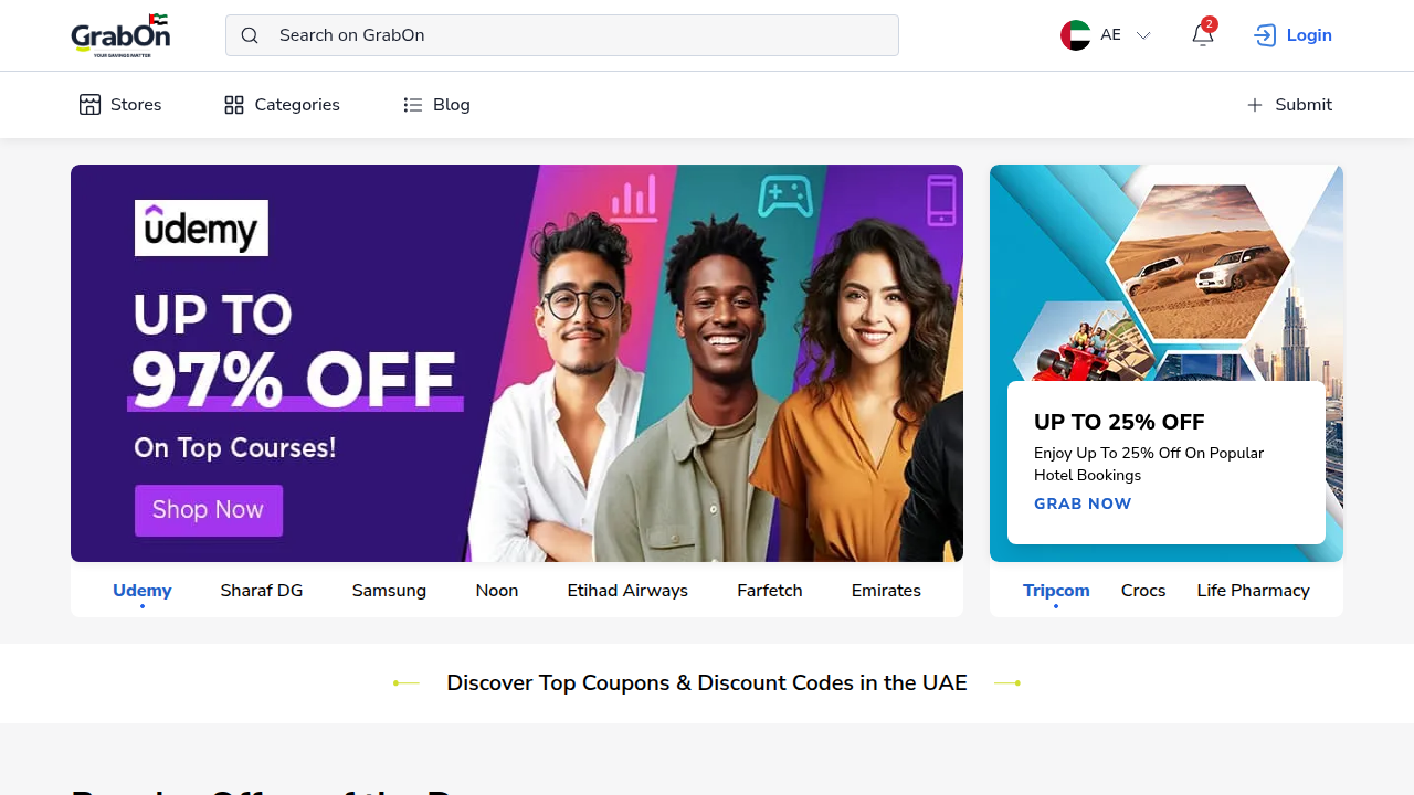 Homepage of GrabOnUAE, a source for UAE market insights and statistics.
