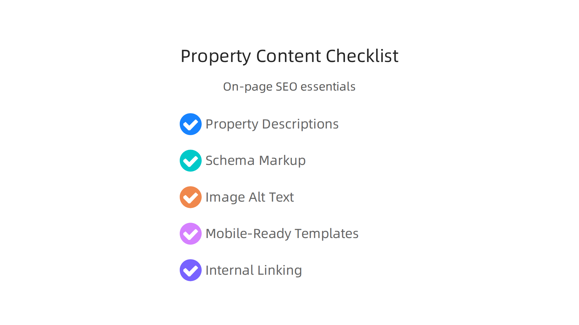 Key elements for optimizing property listings and agent website content for search engines and users.
