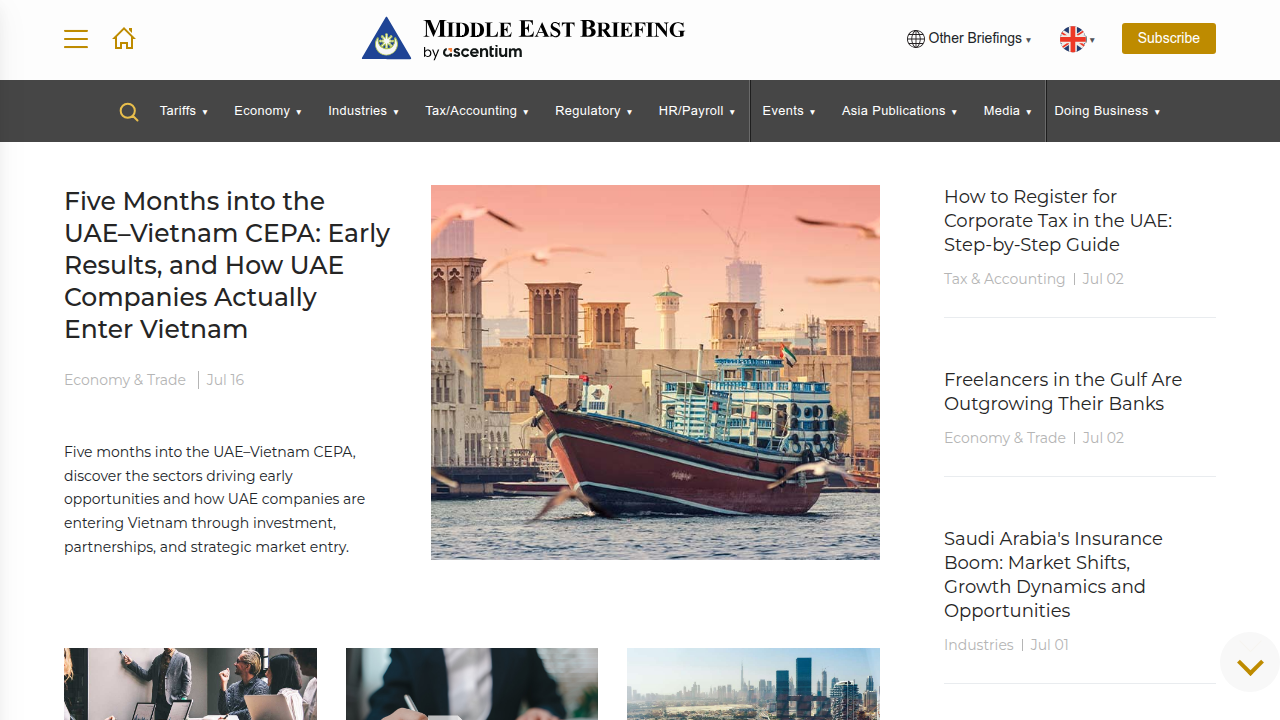 The homepage of Middle East Briefing, a platform reporting on business news and regulations in the region.