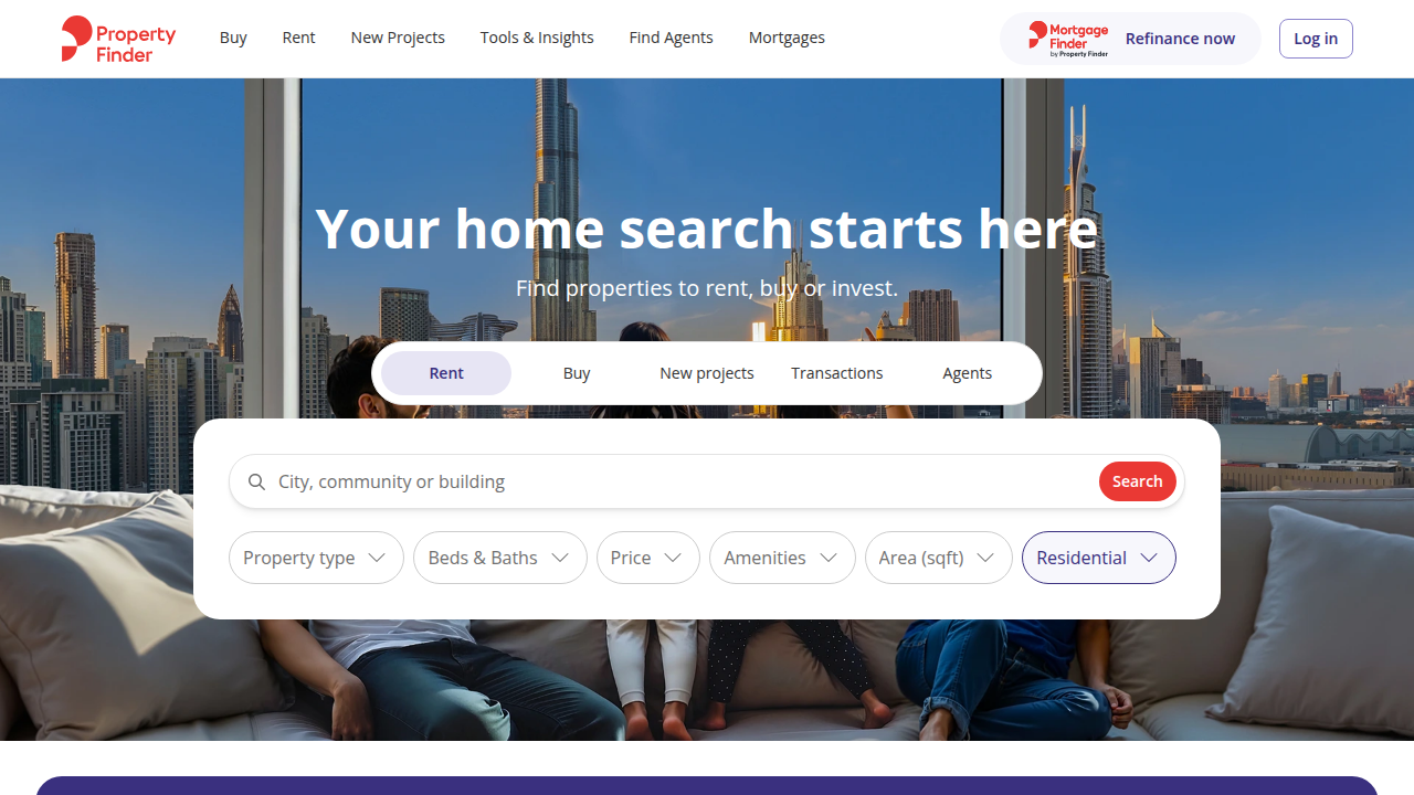 A screenshot of the Property Finder homepage, one of the leading property portals in Dubai where agents list properties and potential clients begin their search.